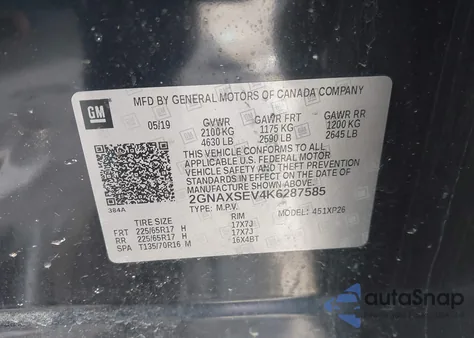 2019 Chevrolet Equinox Ls z USA, uszkodzony, nr VIN 2GNAXSEV4K6287585